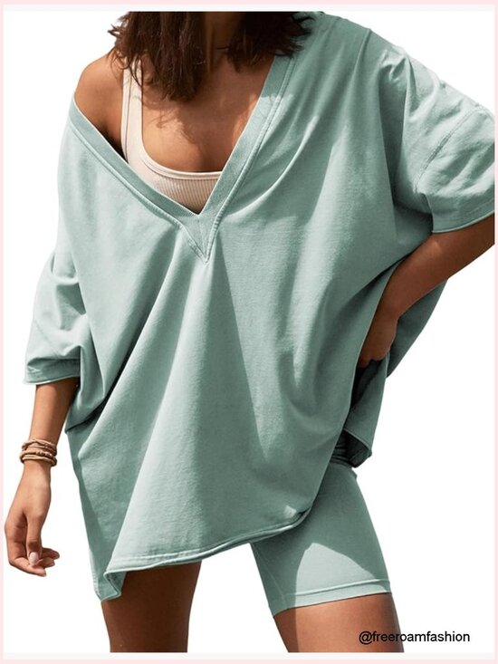 Pants - Two Piece Outfits Women Summer Oversized Workout T Shirts Biker Shorts Matching